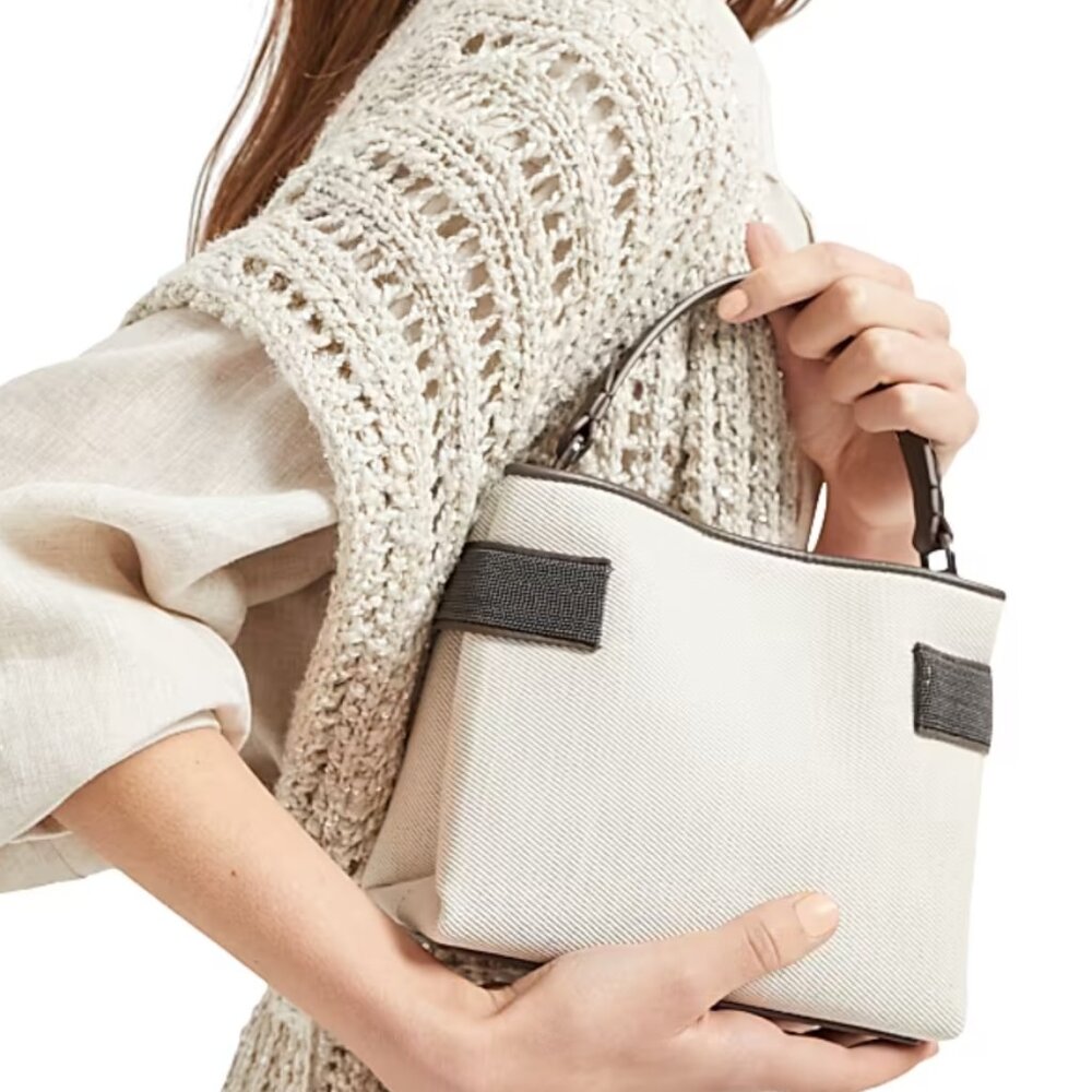 Brunello Cucinelli Essence Bag Canvas Natural Top Handle Monili Crossbody New
